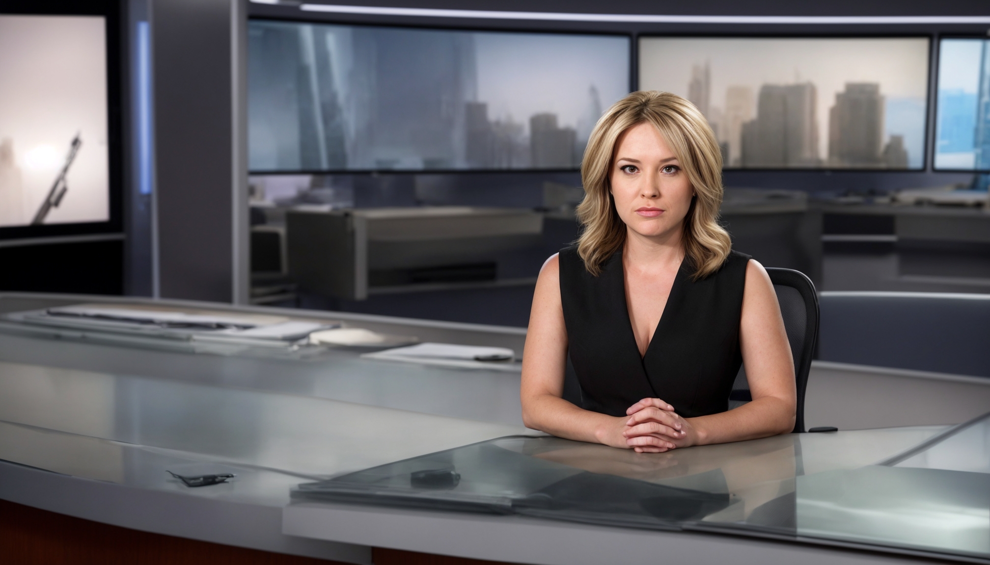 News anchor behind desk delivering local news