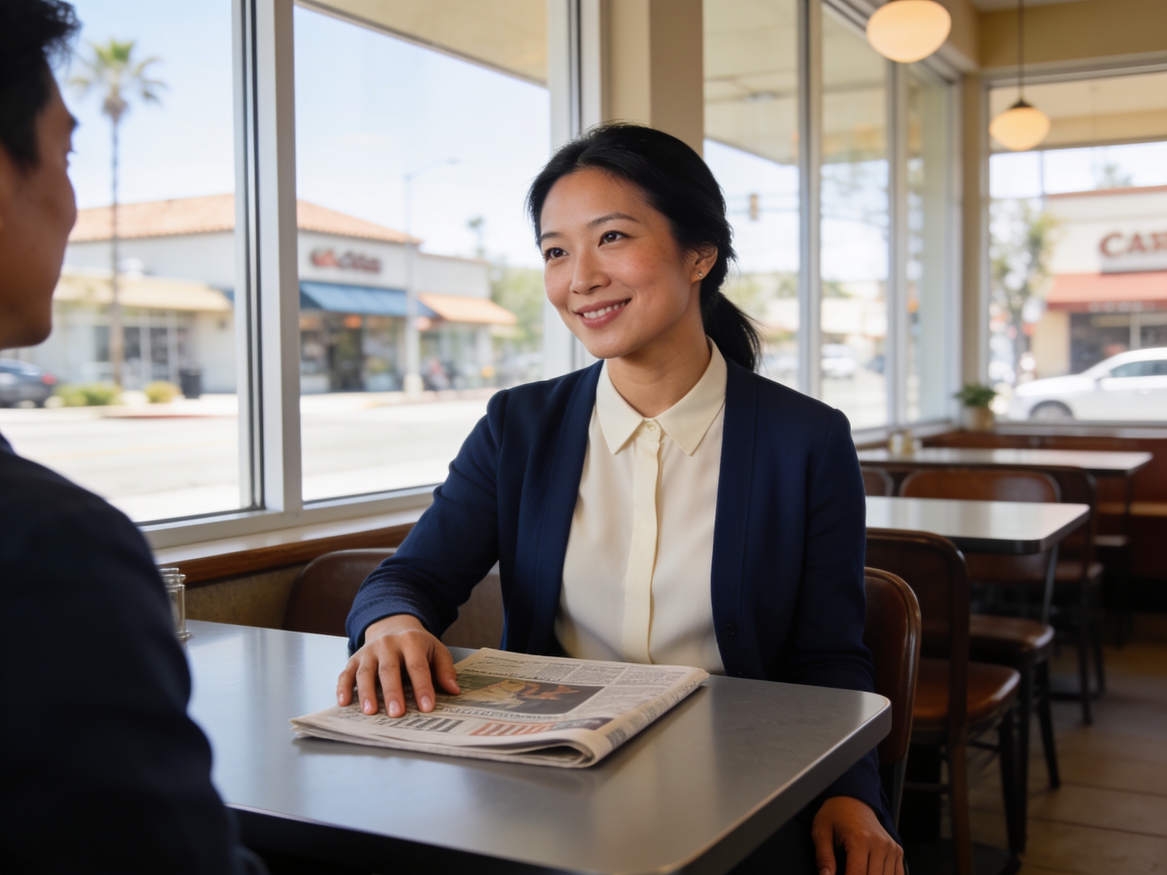 Community member discusses Arcadia local lifestyle trends at a neighborhood cafe in San Gabriel Valley