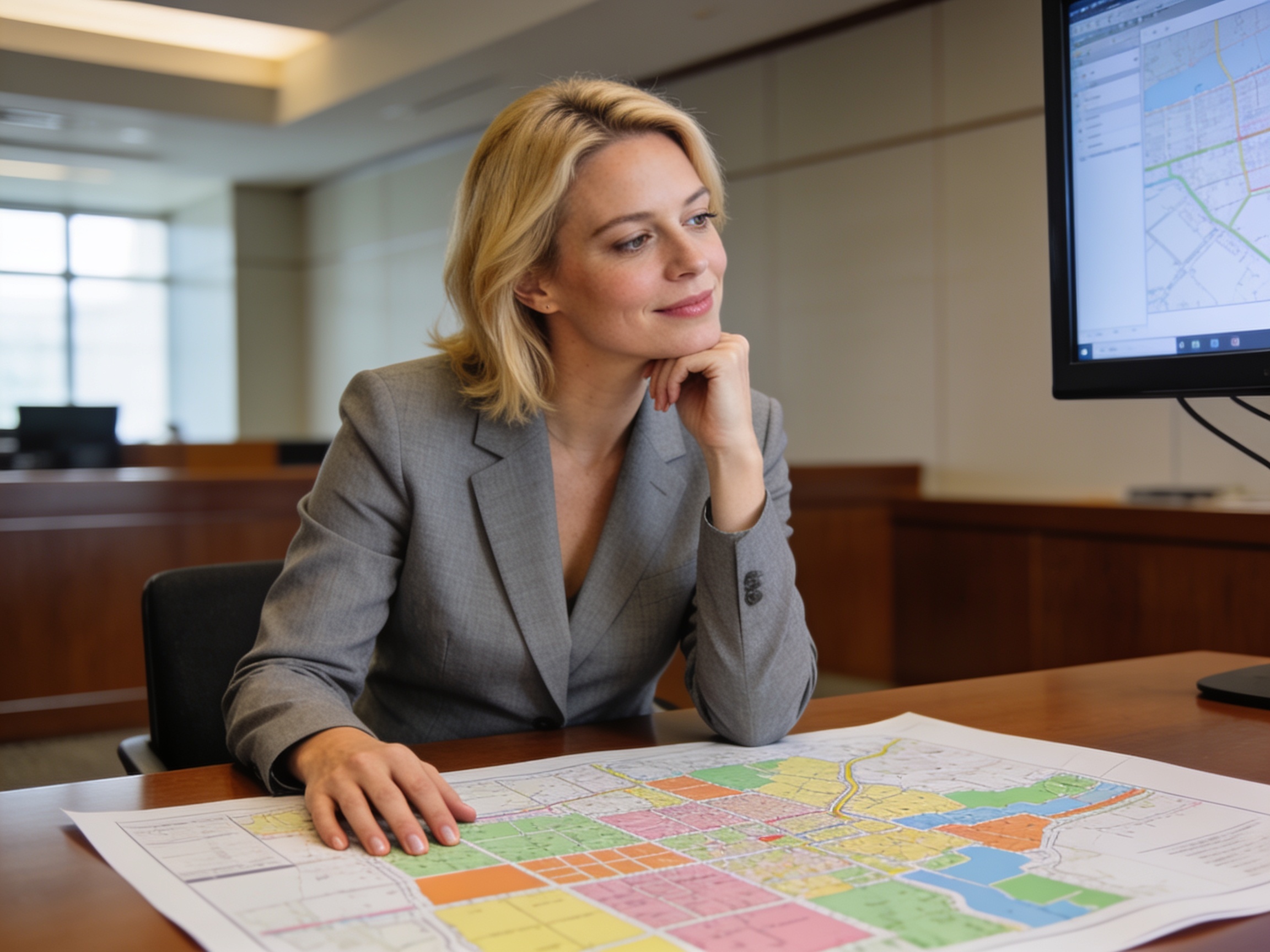 City planner reviewing Arcadia zoning law changes on a map in a modern office.