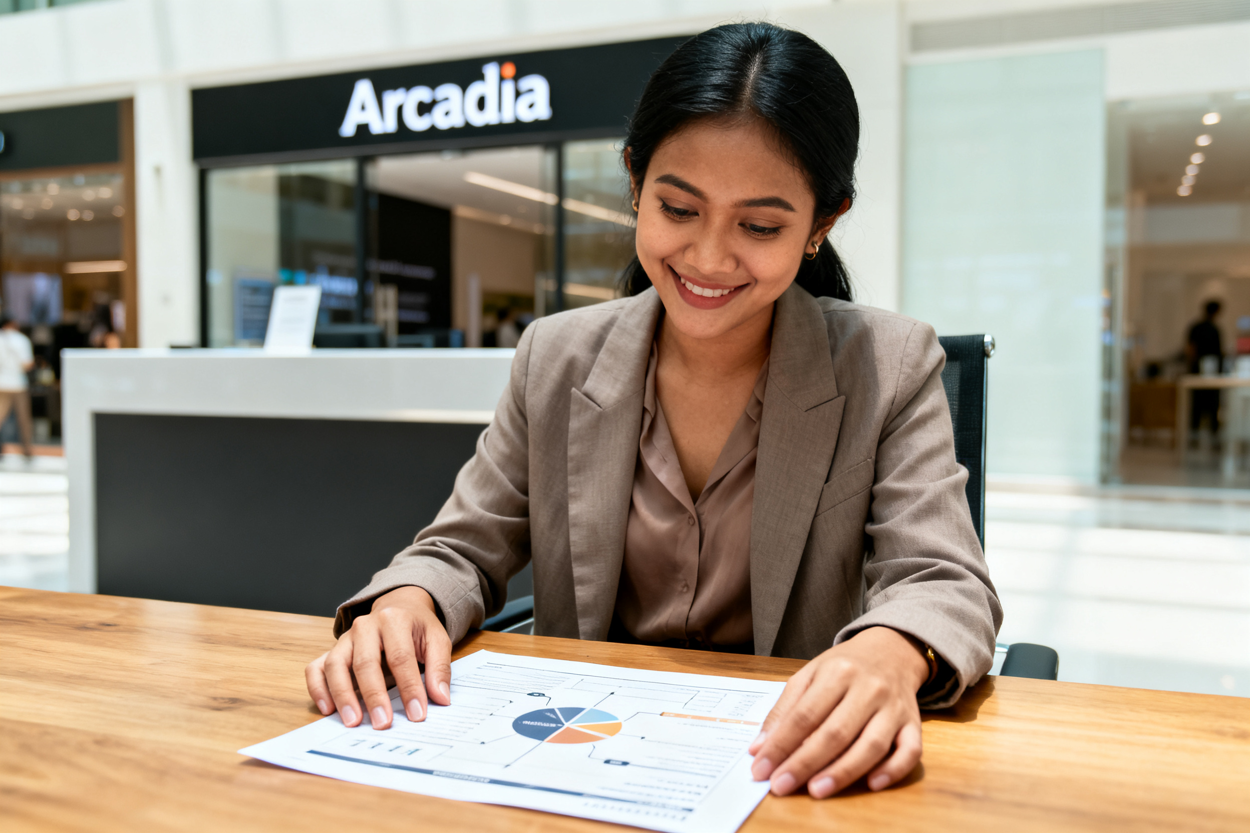 Indonesian entrepreneur reviewing a business plan while seated at a modern Arcadia storefront, illustrating local business op