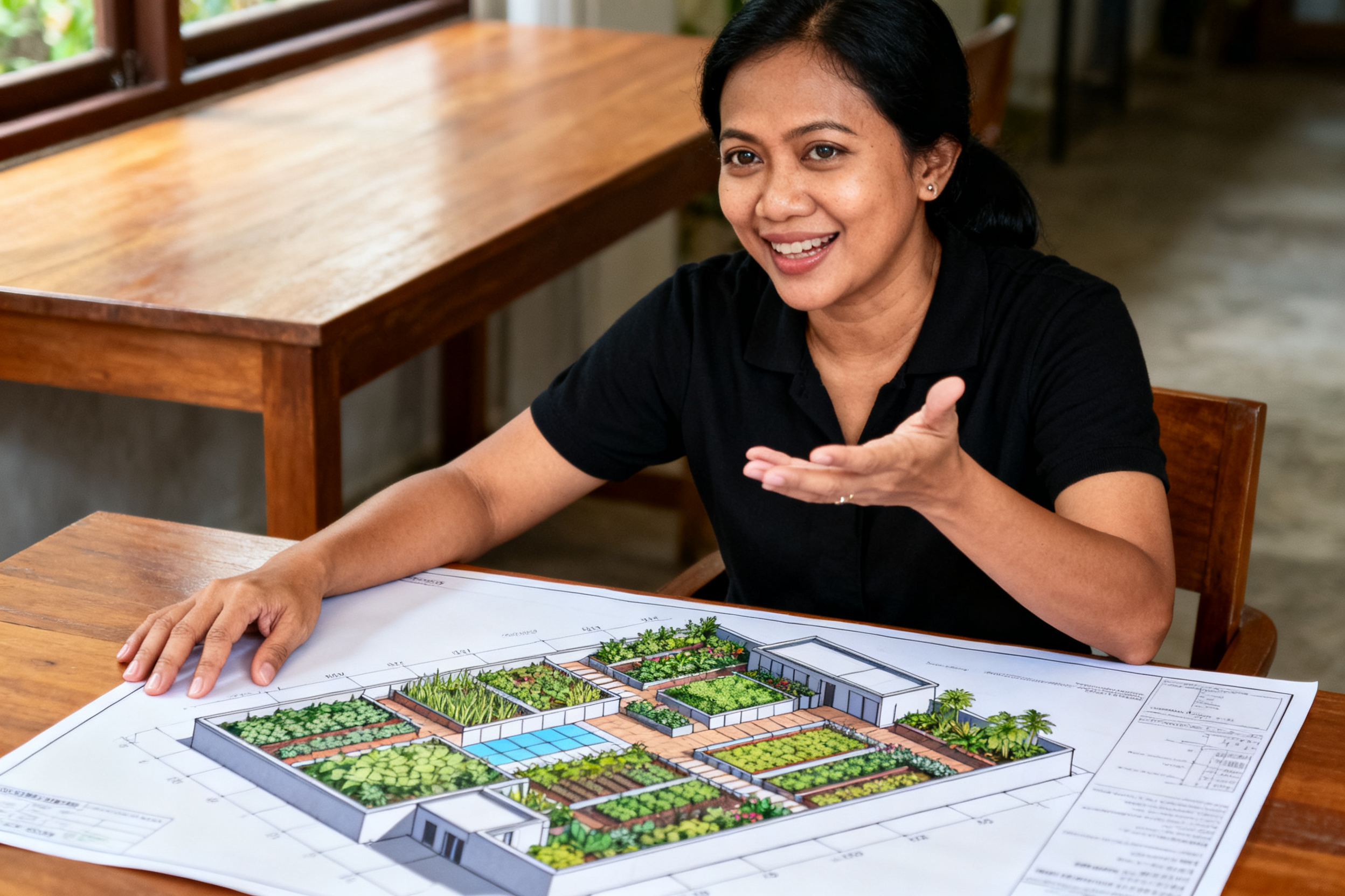 Indonesian woman reviewing rooftop garden plan reflecting urban lifestyle trends Arcadia